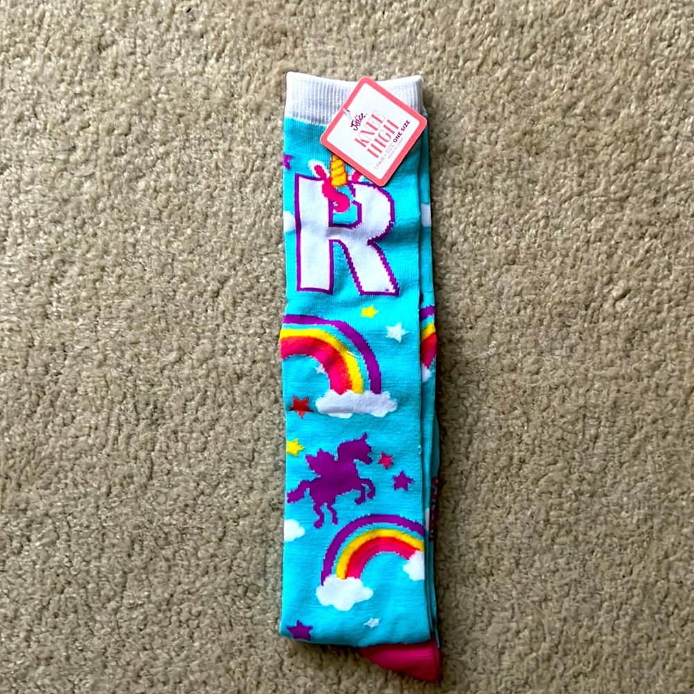 NWT Justice Unicorn Initial R Knee High Socks